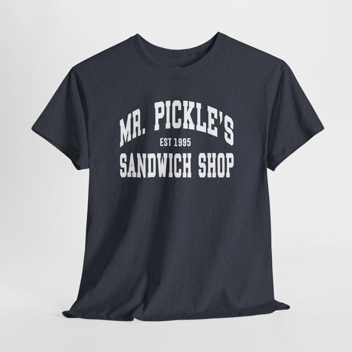 Black t-shirt with 'Mr. Pickle's Sandwich Shop' text on a light gray background