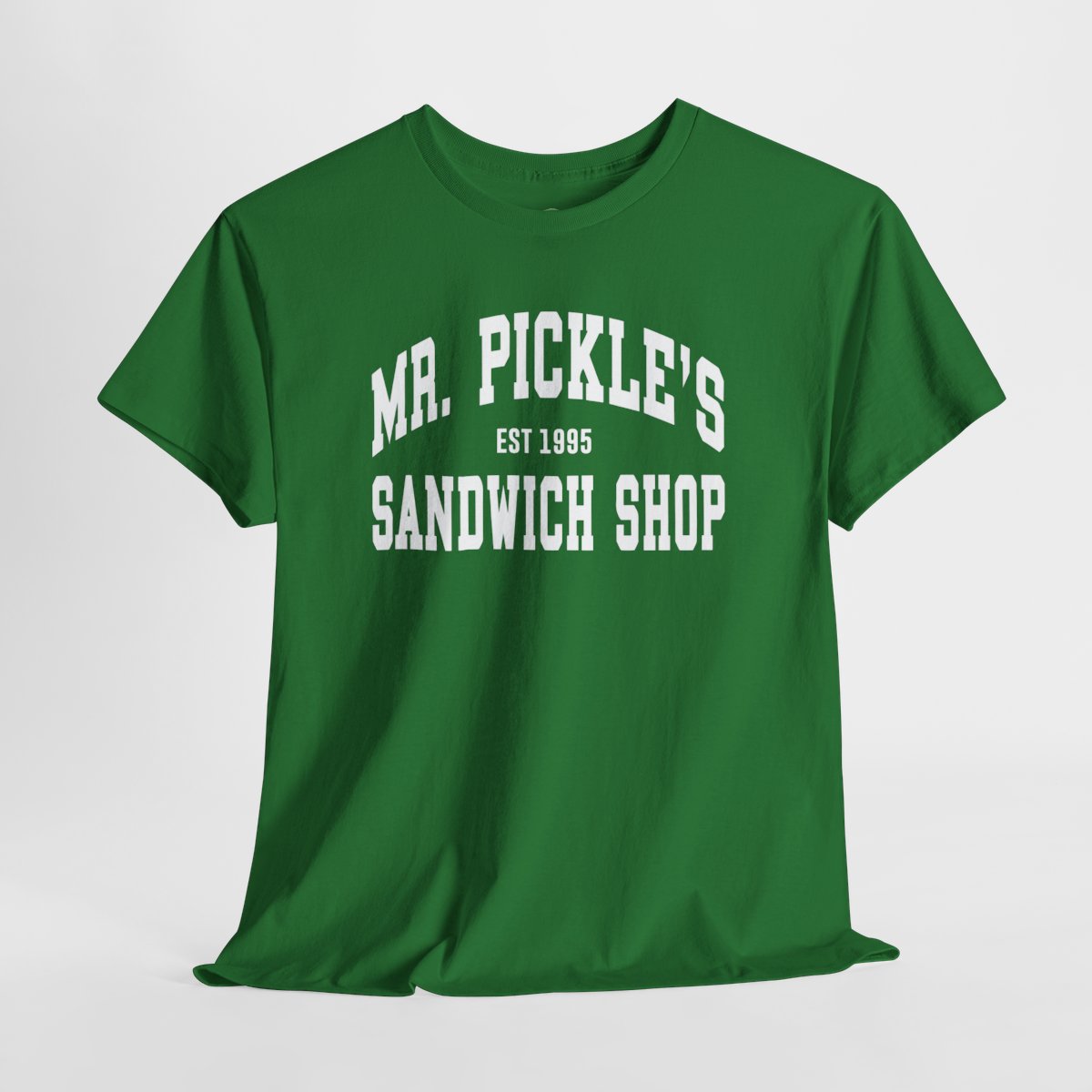 Green t-shirt with 'Mr. Pickle's Sandwich Shop' text on a white background