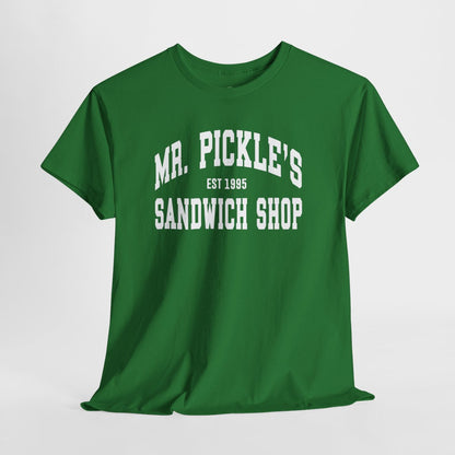 Green t-shirt with 'Mr. Pickle's Sandwich Shop' text on a white background