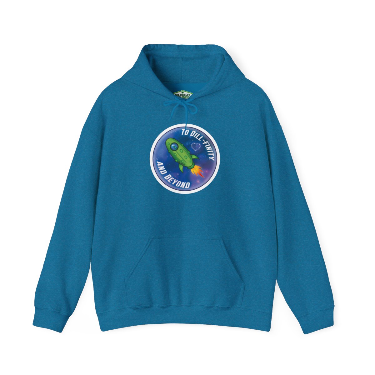 Blue hoodie with a circular graphic on a white background