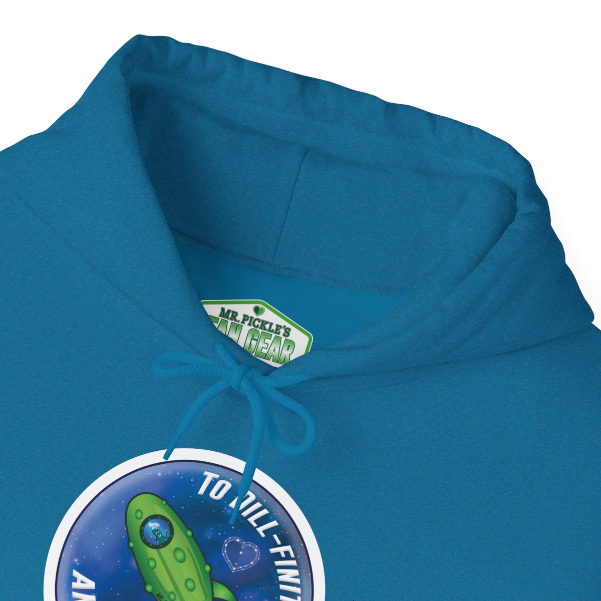 Blue hoodie with a graphic design and brand logo on a white background