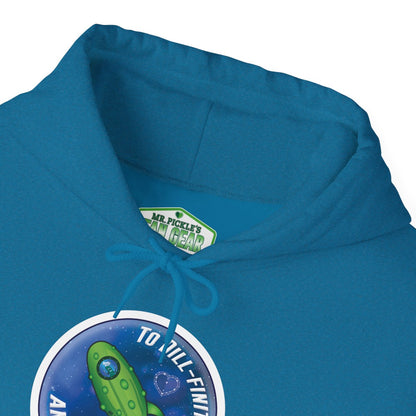 Blue hoodie with a graphic design and brand logo on a white background