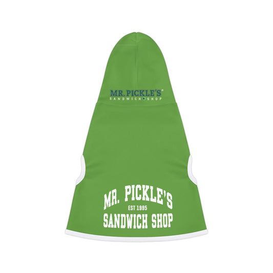 Green pet hoodie with 'Mr. Pickle's Sandwich Shop' text on a white background