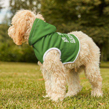Dog wearing a green hoodie with text standing on grass