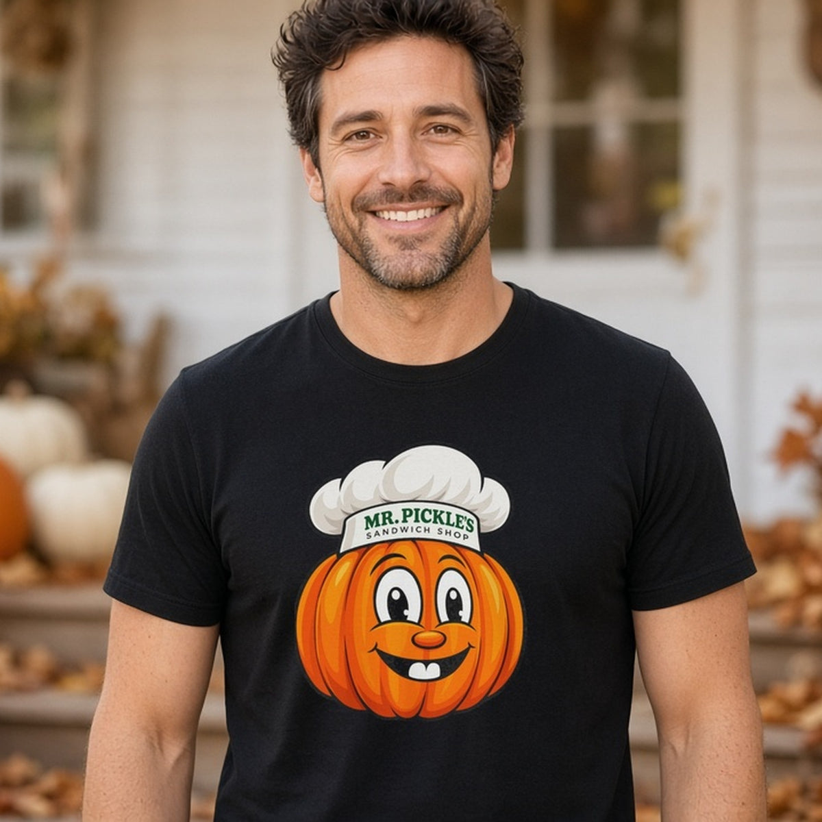 Model wearing Mr. Pickle's October Sticker Pumpkin T-shirt