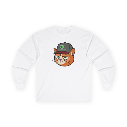 White sweatshirt with a cartoon cat wearing a cap on a white background
