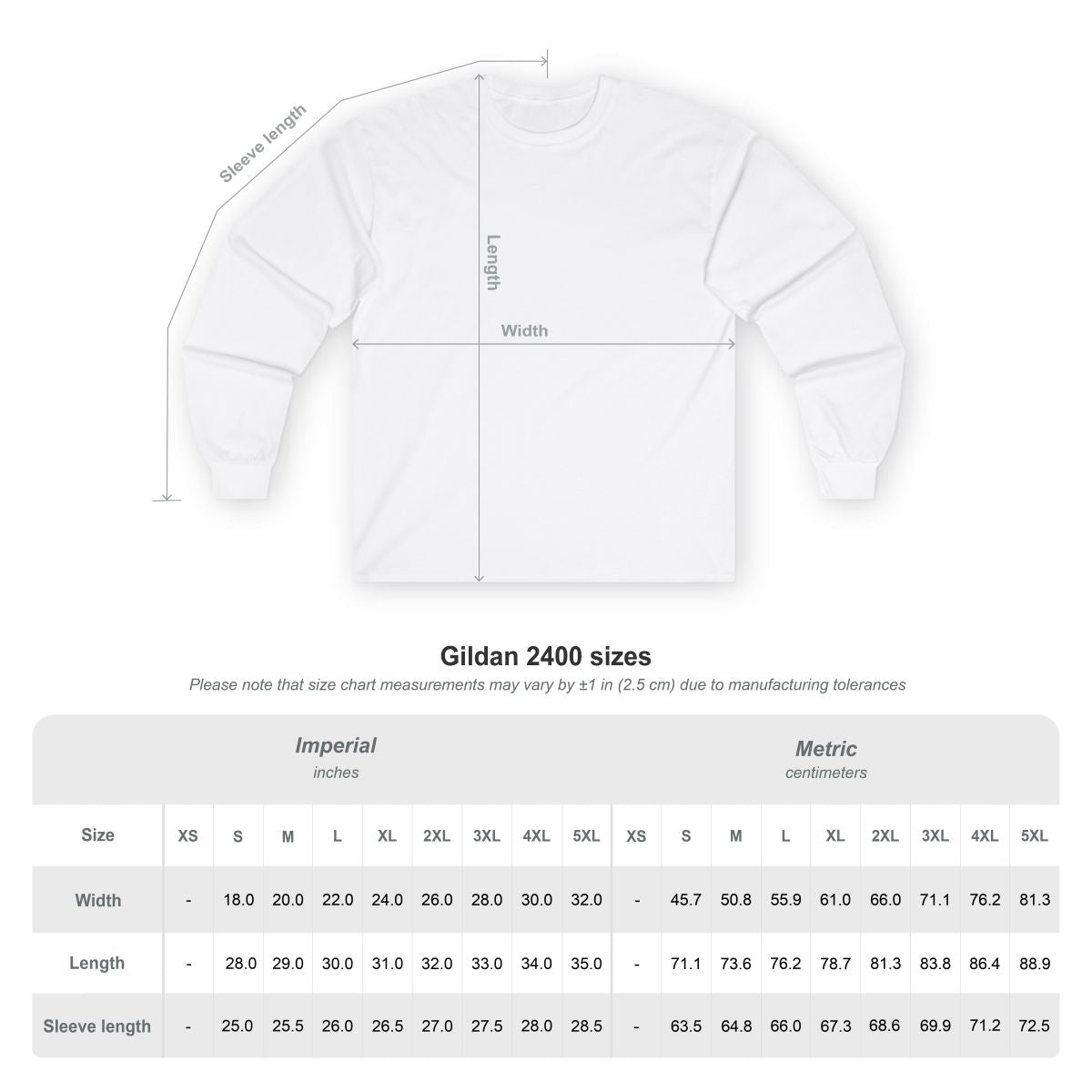 White sweatshirt with measurement chart for Gildan 2400 sizes on a white background