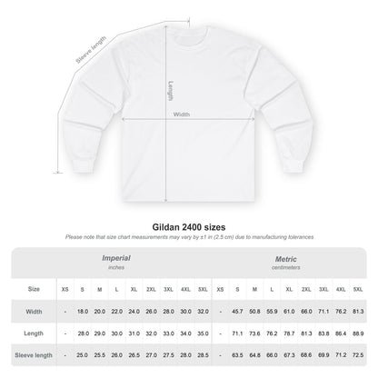 White sweatshirt with measurement chart for Gildan 2400 sizes on a white background