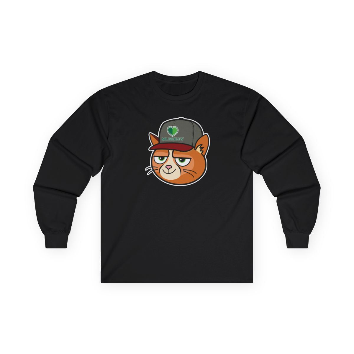 Black long-sleeve shirt with a cat graphic wearing a cap on a white background
