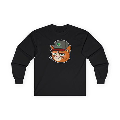 Black long-sleeve shirt with a cat graphic wearing a cap on a white background
