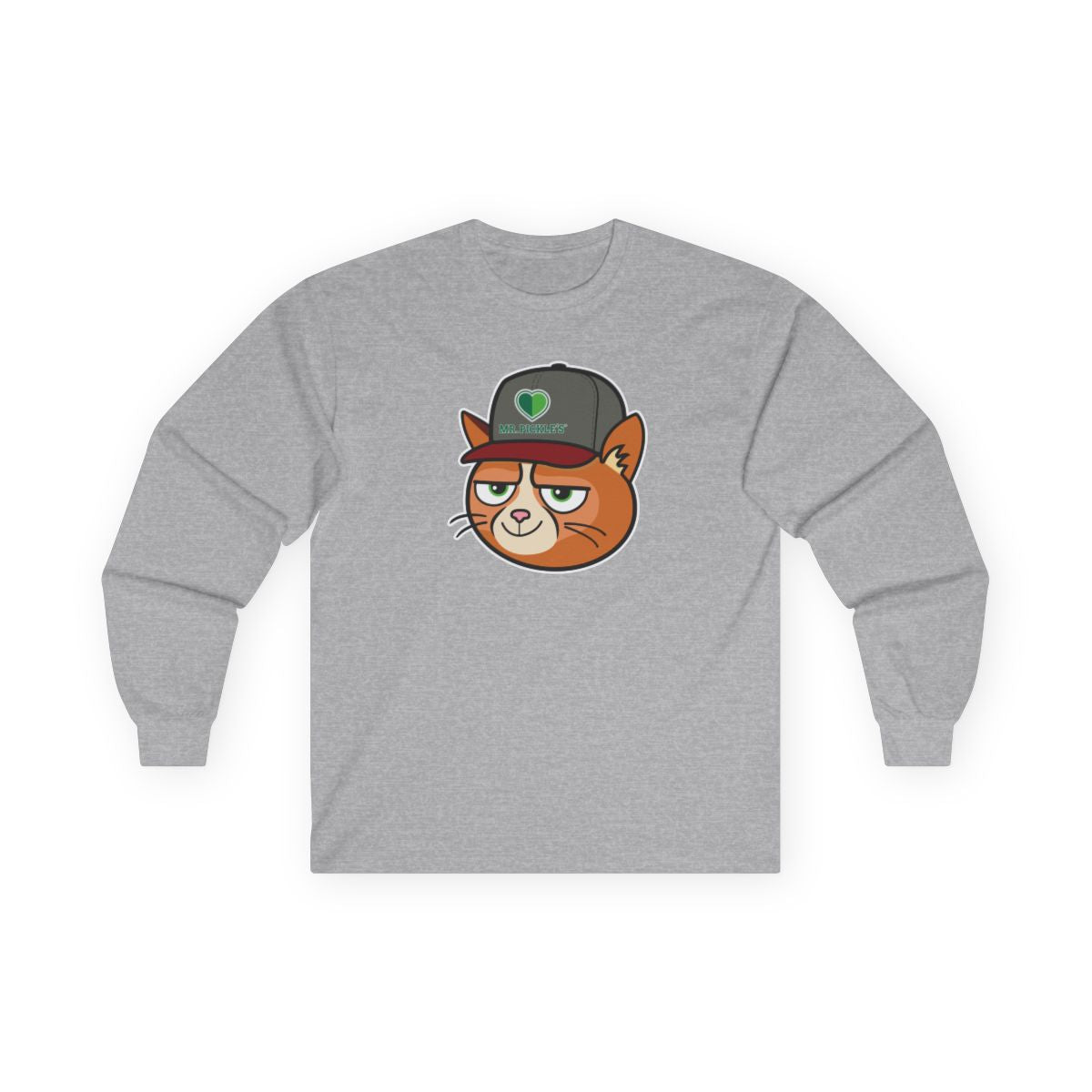 Gray long-sleeve shirt with a cartoon cat wearing a cap on a white background