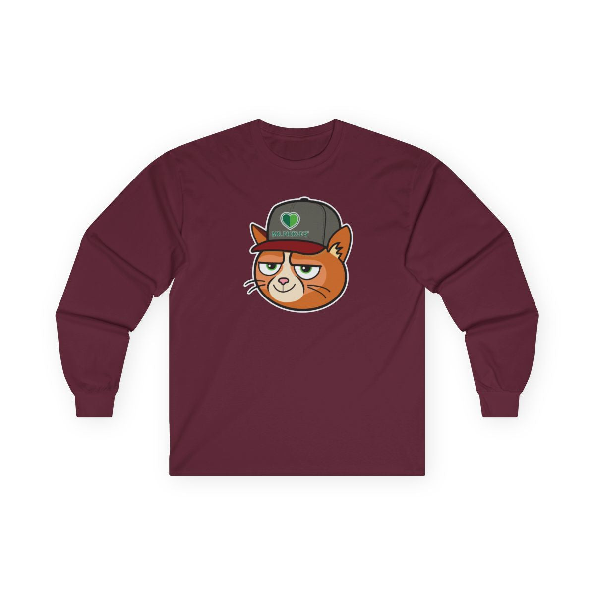Maroon long-sleeve shirt with a cartoon cat design on a white background