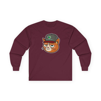 Maroon long-sleeve shirt with a cartoon cat design on a white background