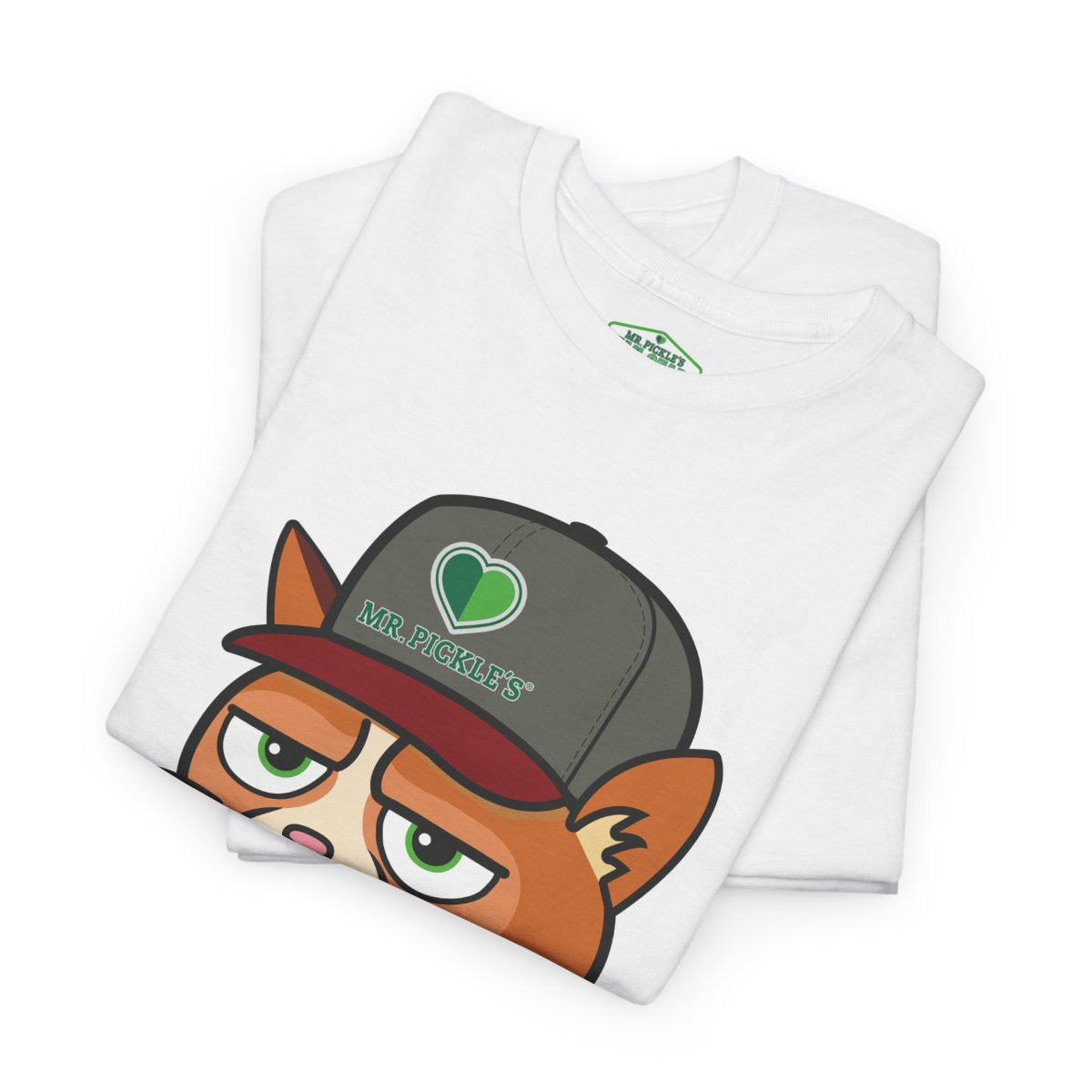 White t-shirt with cartoon fox design and 'Mr. Pickles' text on a white background