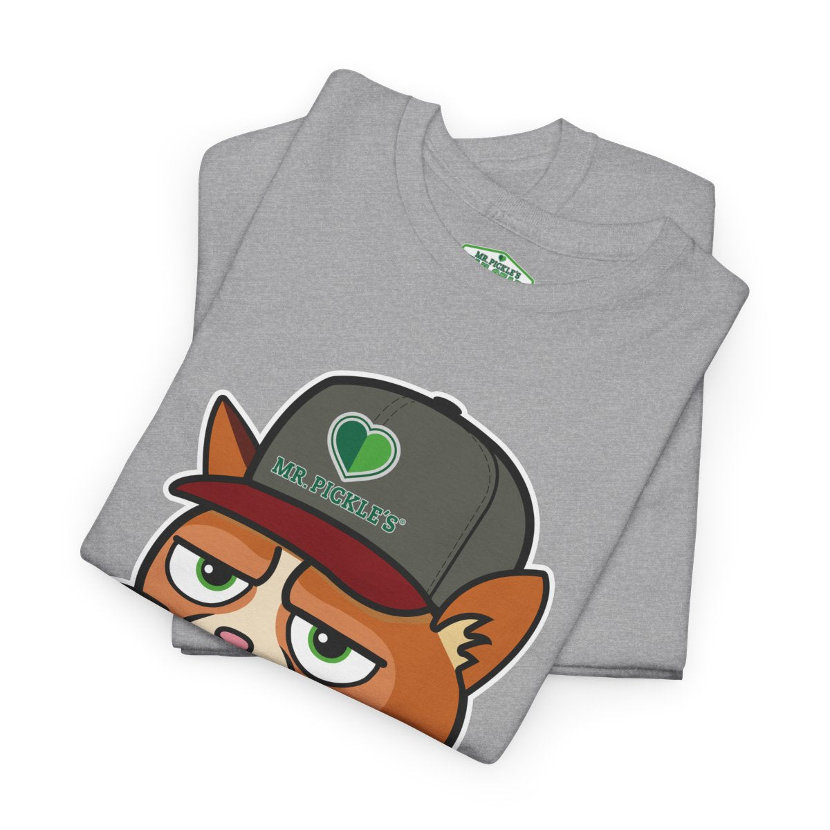 Folded gray t-shirt with cartoon character and 'Mr. Pickles' text on a white background