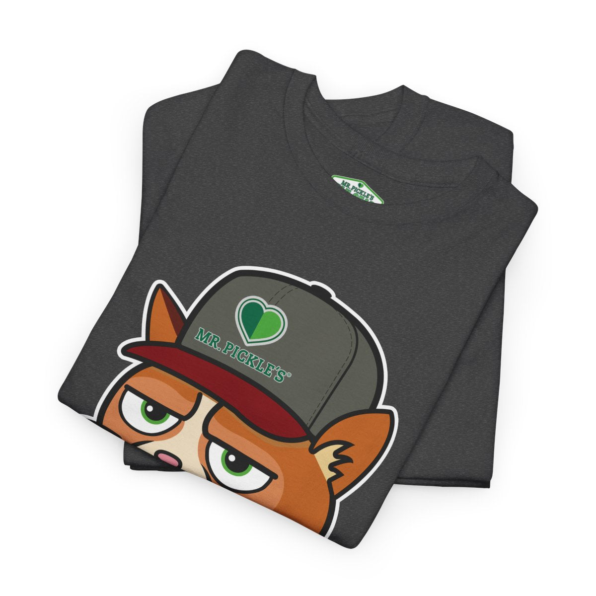 Folded t-shirt with cartoon character and 'Mr. Pickles' text on a white background