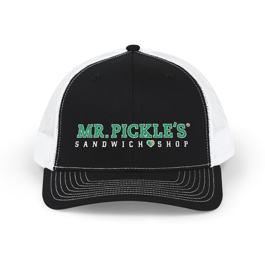 Black and white cap with 'Mr. Pickle's Sandwich Shop' logo on a white background